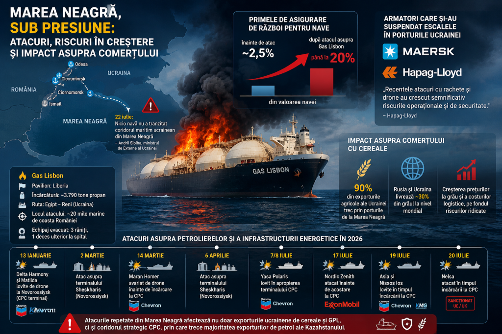 Atacul asupra navei Gas Lisbon tensionează piața GPL; Primele de asigurare de război pentru navele care operează &icirc;n Marea Neagră au urcat de la 2,5% la p&acirc;nă la 20% din valoarea navei, iar transportatorii reevaluează cursele din Marea Neagră