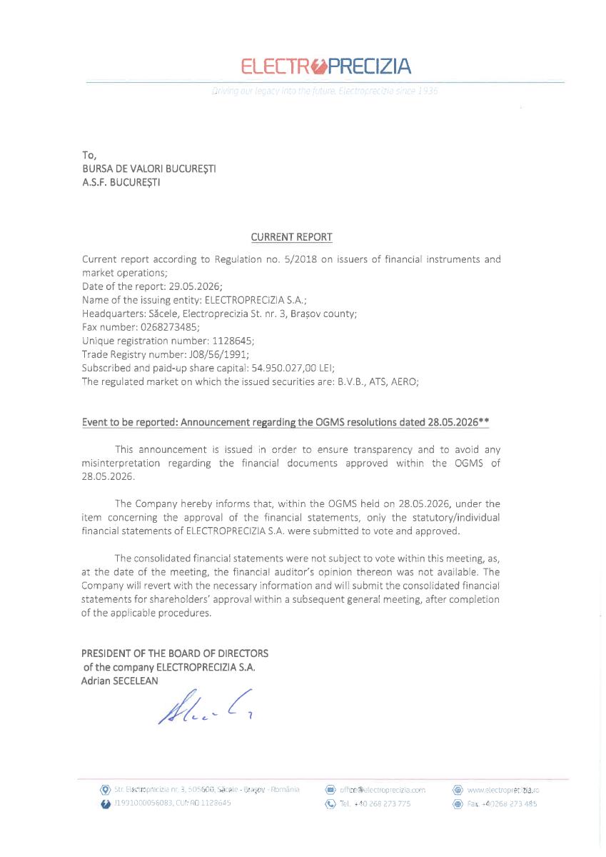 ELECTROPRECIZIA SA Sacele (ELZY)