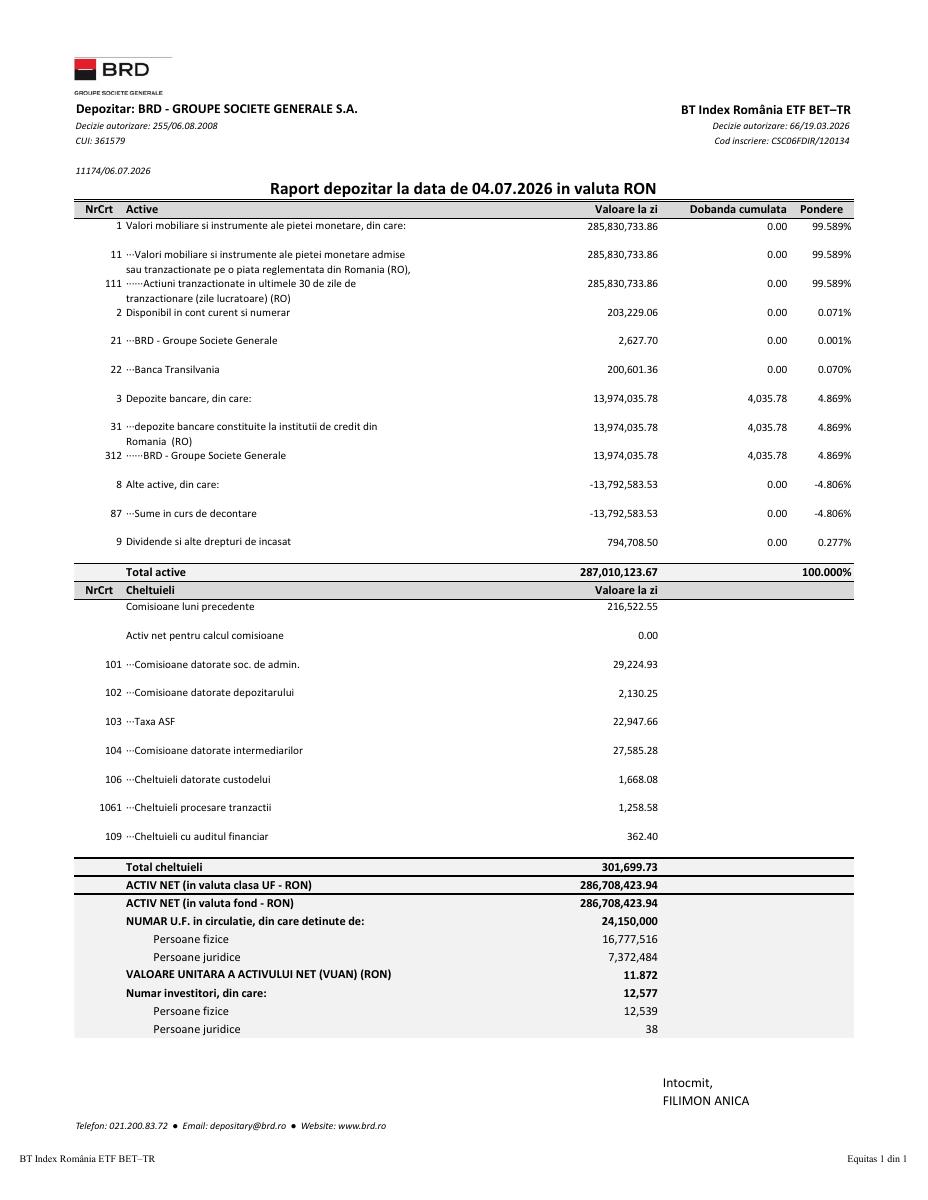 FONDUL DESCHIS DE INVESTITII BT INDEX ROMANIA ETF BET TR (BTBETRETF)