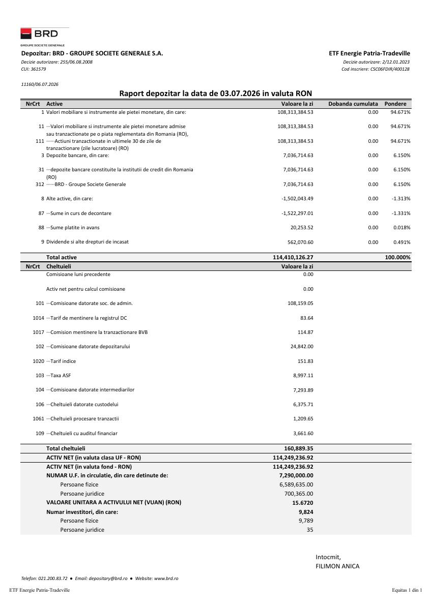 FONDUL DESCHIS DE INVESTITII ETF ENERGIE PATRIA-TRADEVILLE (PTENGETF)