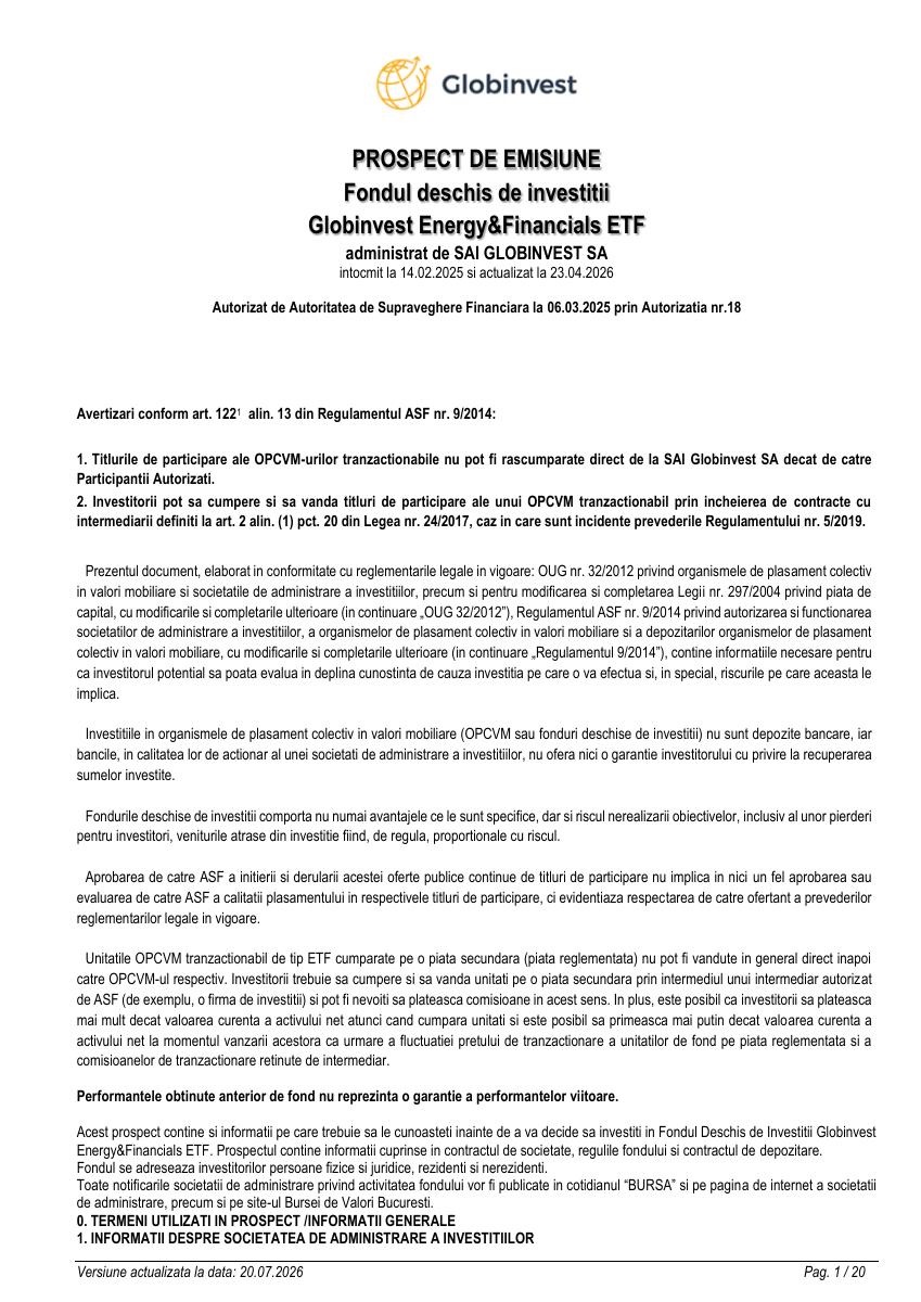 FONDUL DESCHIS DE INVESTITII GLOBINVEST ENERGY&FINANCIALS ETF (GIBEFETF)