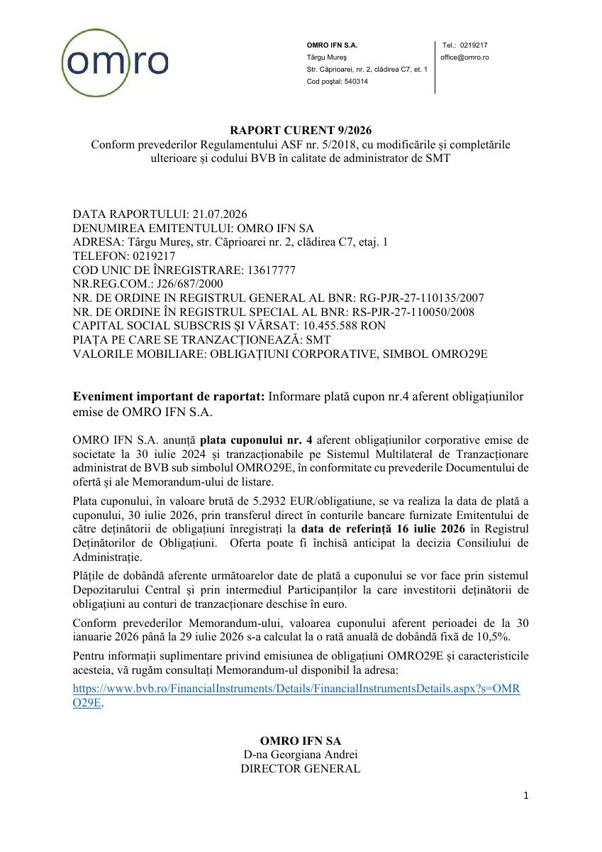OMRO IFN S.A. - Obligatiuni EUR 2029 (OMRO29E)