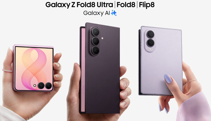Samsung lansează pentru prima dată trei pliabile cu formate diferite: un Galaxy Z Fold8 nou, mai lat şi mai uşor, un Fold8 Ultra pentru productivitate şi un Flip8 compact, toate cu un ecran nou din titan şi inteligenţă artificială Gemini