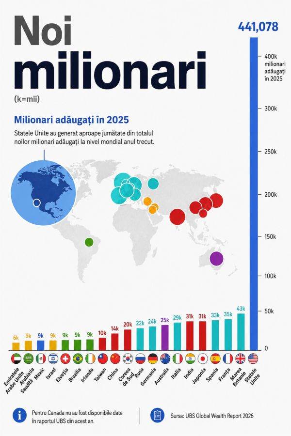 SUA, Regatul Unit şi Franţa au generat cei mai mulţi noi milionari &icirc;n 2025