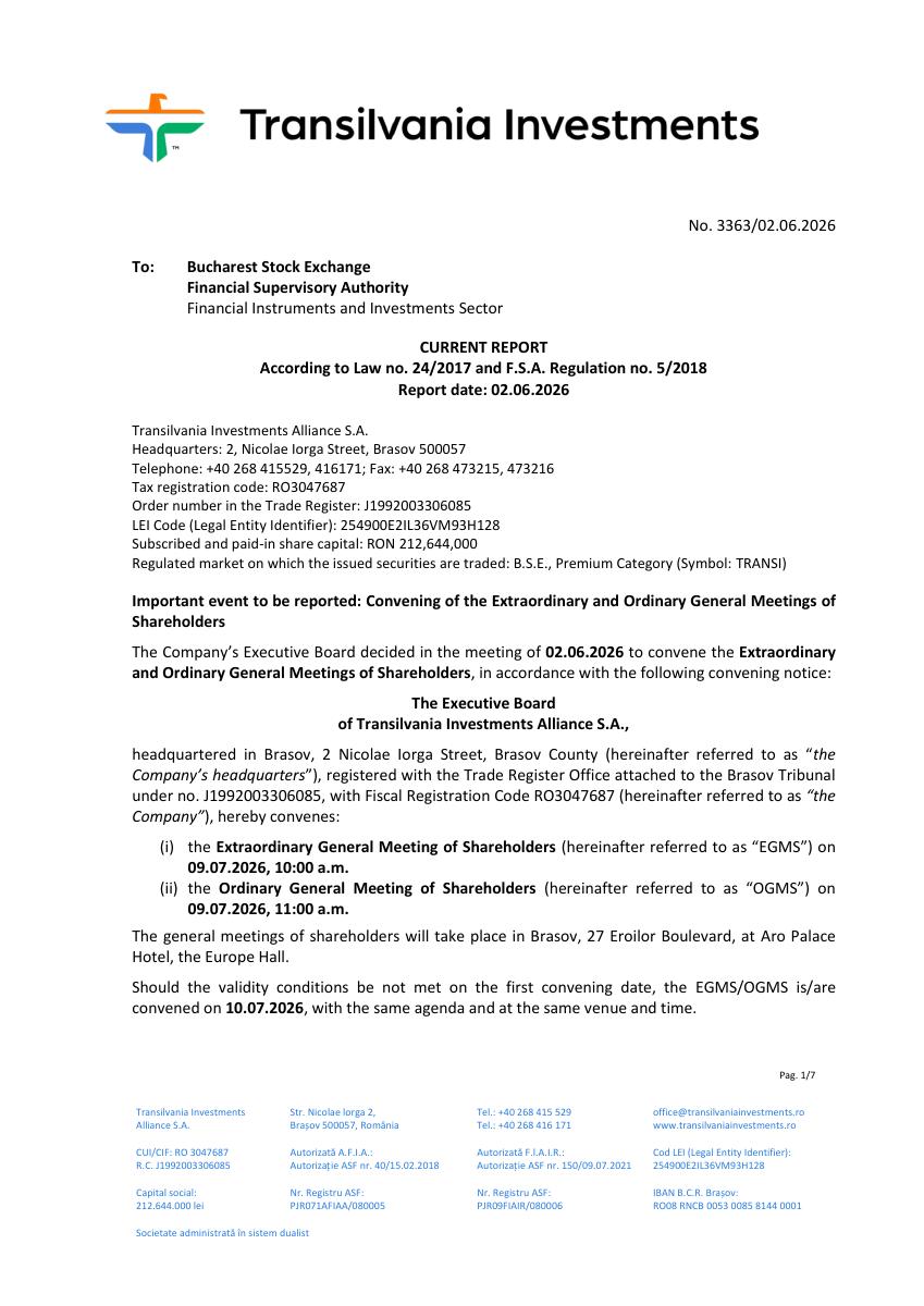 TRANSILVANIA INVESTMENTS ALLIANCE S.A. (TRANSI)