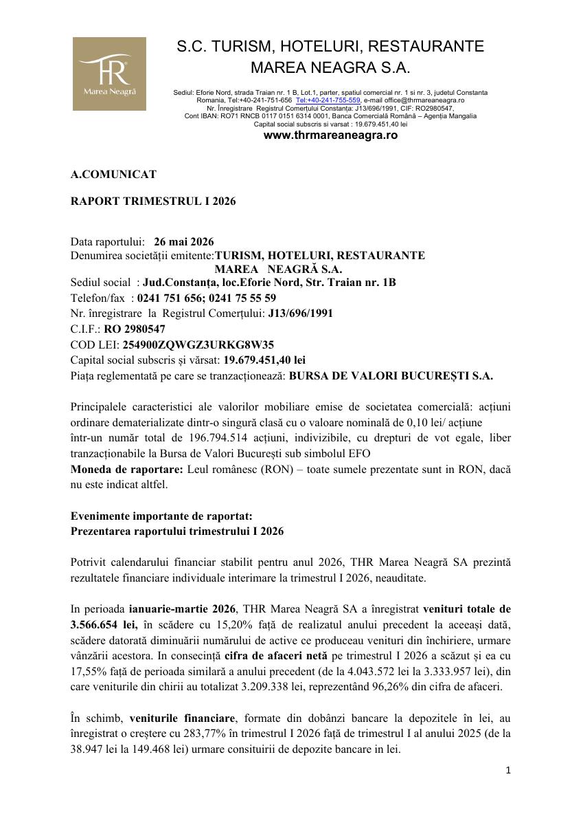 TURISM, HOTELURI, RESTAURANTE MAREA NEAGRA S.A. (EFO)