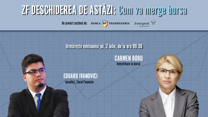 Urmăriţi ZF Deschiderea de Astăzi. Carmen Bobu, investitoare la BVB: Nu voi ieşi niciodată din piaţă, nici în pandemie nu am retras banii. Noul proiect al conturilor de pensii pe model american poate trimite indicele BET la 50.000 de puncte